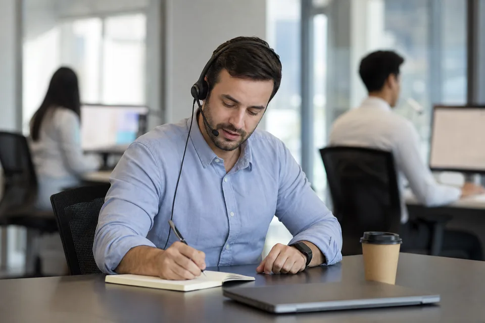 Sales development rep on a headset taking notes during a prospecting call