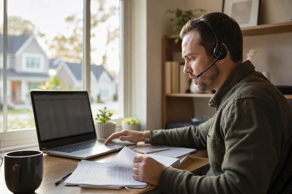 Real estate investor making outbound calls to property owners from a home office
