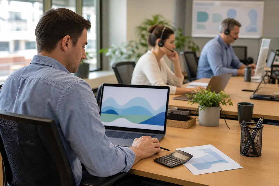 Sales operations manager checking a calling usage bill while two reps make calls on headsets