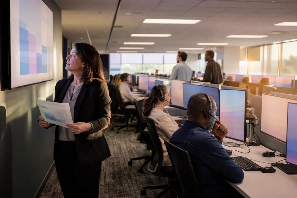 Contact center director reviewing a budget sheet beside a row of agents on headset calls