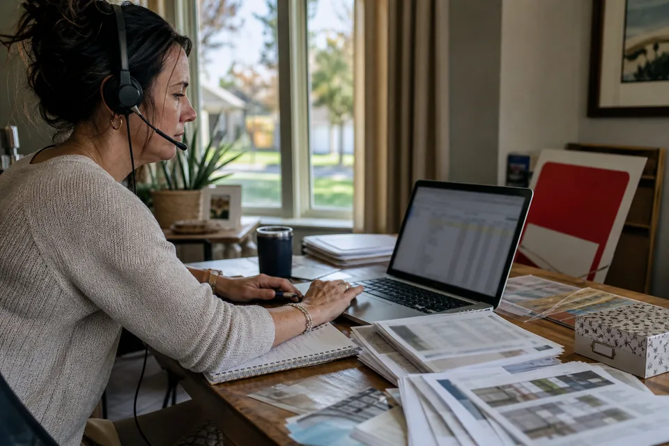 Real estate agent with a headset working through a call list of expired listings at a home office desk