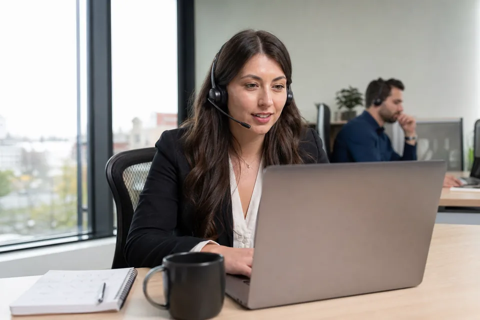 Recruiter at a staffing agency calling candidates from a laptop with a headset