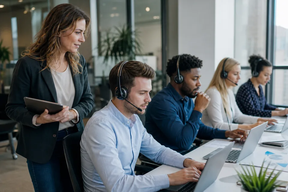 Sales development manager standing beside a row of reps making calls on headsets