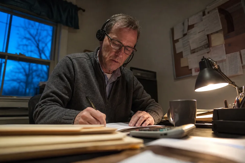Mortgage loan officer reviewing a stack of borrower files at a home office desk while on a headset call