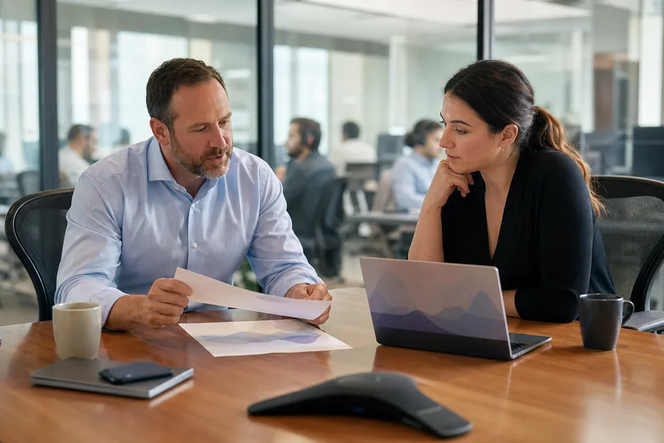 Head of sales and a finance lead reviewing an annual voice AI contract at a conference table