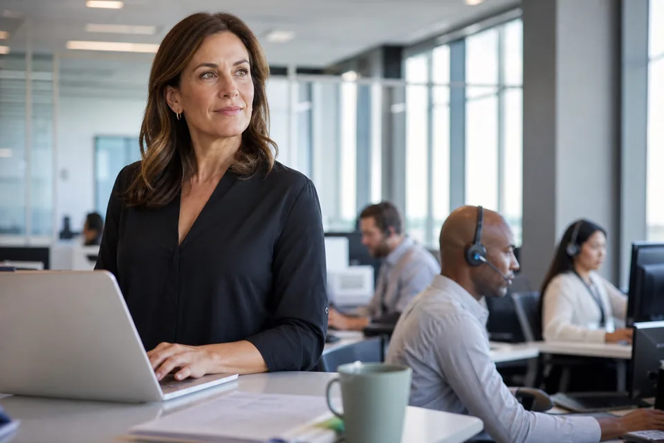 Contact center operations manager reviewing per agent seat costs while agents work on headset calls behind her